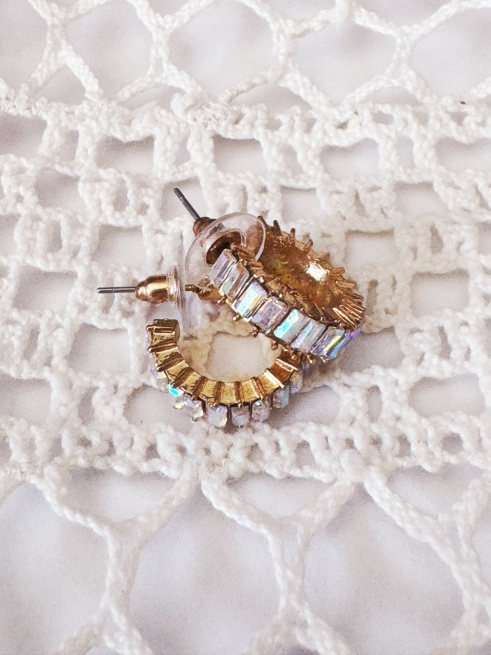 Gold tone aurora borealis pink rhinestones hoop earrings